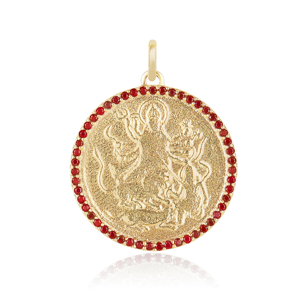 Durga with Rubies 9k,9ct Yellow Gold  sacred Round pendant Halo